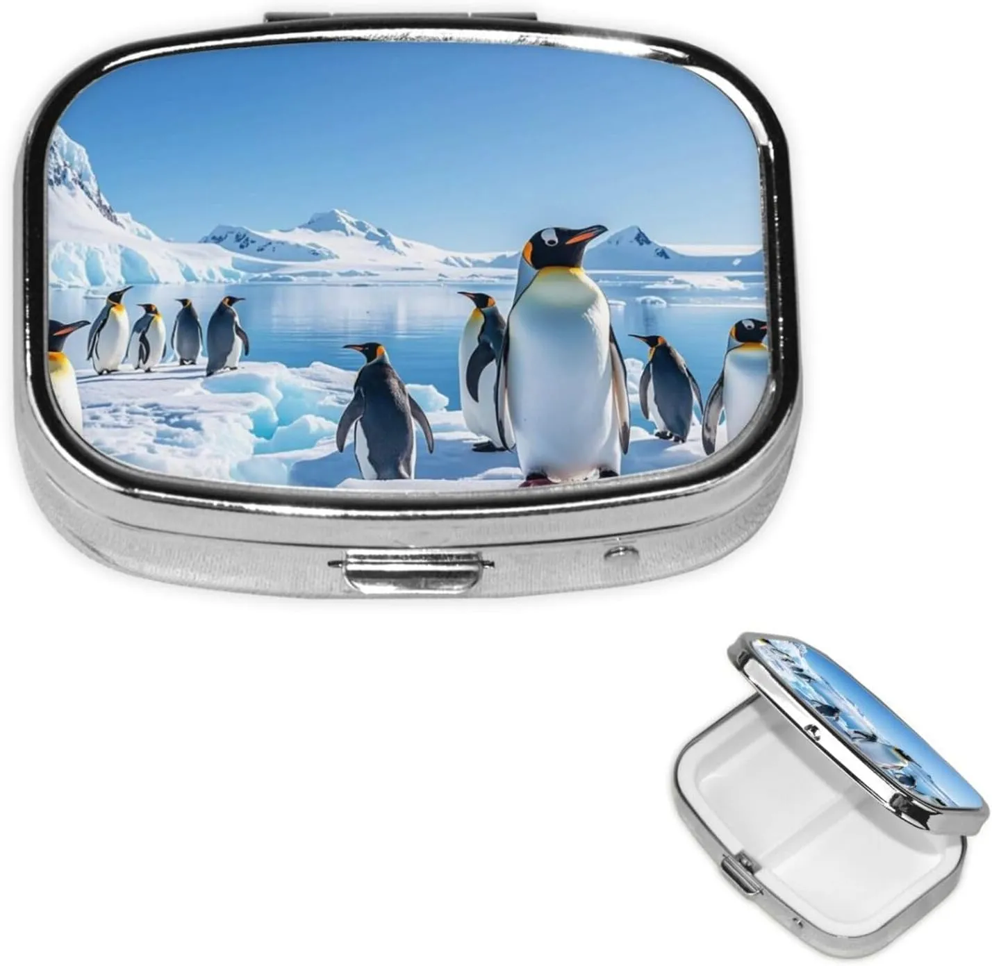 Pill Case with Mirror Retro 2 Compartment Pill Box Penguin Antarctica Ice Small Pill Organizer for Purse or Pocket Decorative Metal Medicine Vitamin Organizer Unique Gifts