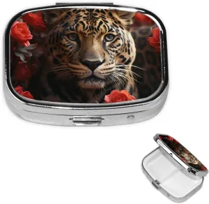 Pill Case with Mirror Retro 2 Compartment Pill Box Red Rose and Tiger Small Pill Organizer for Purse or Pocket Decorative Metal Medicine Vitamin Organizer Unique Gifts