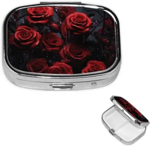 Pill Case with Mirror Retro 2 Compartment Pill Box Red Rose Photo Small Pill Organizer for Purse or Pocket Decorative Metal Medicine Vitamin Organizer Unique Gifts