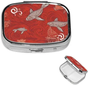 Pill Case with Mirror Retro 2 Compartment Pill Box Red sea Animal Small Pill Organizer for Purse or Pocket Decorative Metal Medicine Vitamin Organizer Unique Gifts