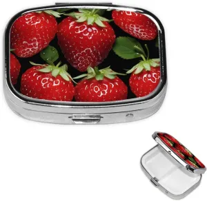 Pill Case with Mirror Retro 2 Compartment Pill Box Red Strawberry Small Pill Organizer for Purse or Pocket Decorative Metal Medicine Vitamin Organizer Unique Gifts