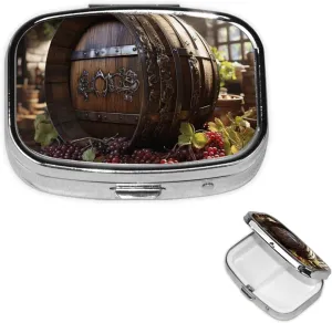 Pill Case with Mirror Retro 2 Compartment Pill Box Red Wine Barrel Small Pill Organizer for Purse or Pocket Decorative Metal Medicine Vitamin Organizer Unique Gifts