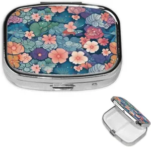 Pill Case with Mirror Retro 2 Compartment Pill Box Scales and Flowers Pattern Small Pill Organizer for Purse or Pocket Decorative Metal Medicine Vitamin Organizer Unique Gifts