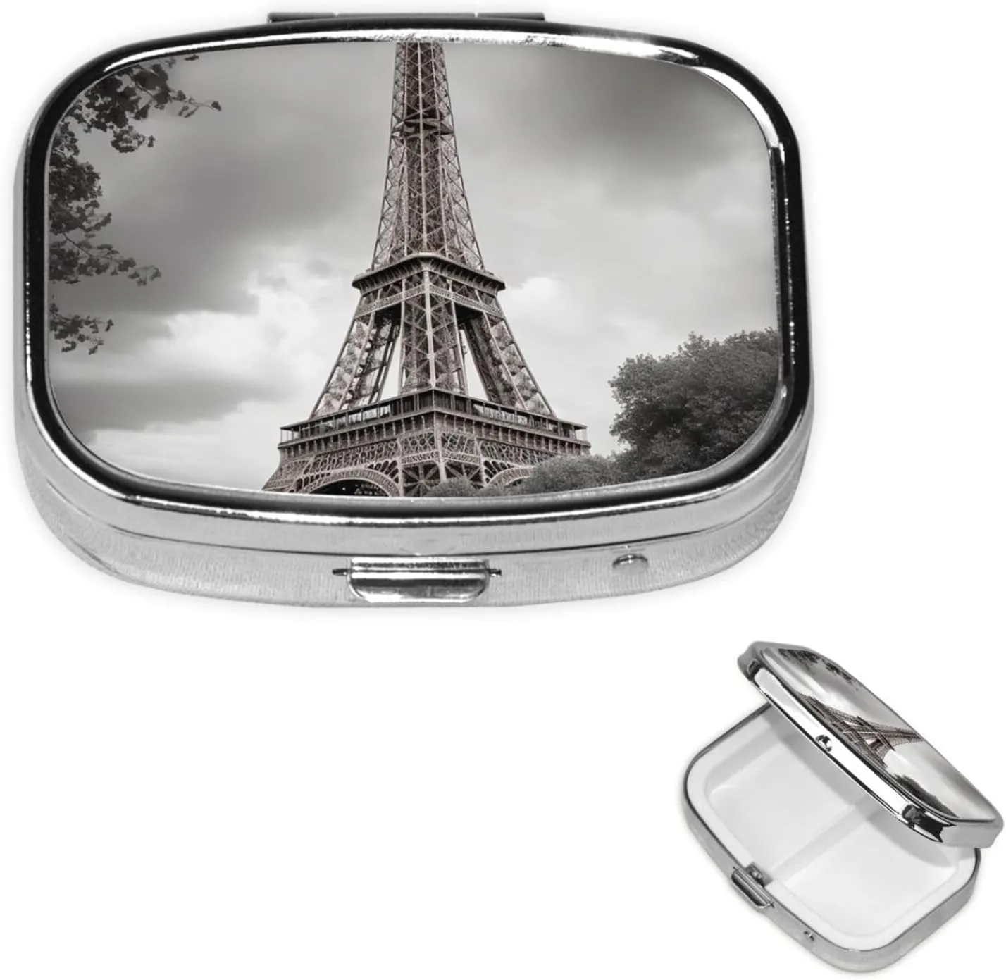 Pill Case with Mirror Retro 2 Compartment Pill Box Tower Paris Small Pill Organizer for Purse or Pocket Decorative Metal Medicine Vitamin Organizer Unique Gifts