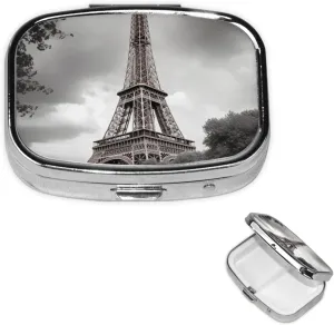 Pill Case with Mirror Retro 2 Compartment Pill Box Tower Paris Small Pill Organizer for Purse or Pocket Decorative Metal Medicine Vitamin Organizer Unique Gifts