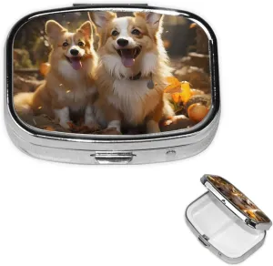 Pill Case with Mirror Retro 2 Compartment Pill Box Two Corgis Small Pill Organizer for Purse or Pocket Decorative Metal Medicine Vitamin Organizer Unique Gifts
