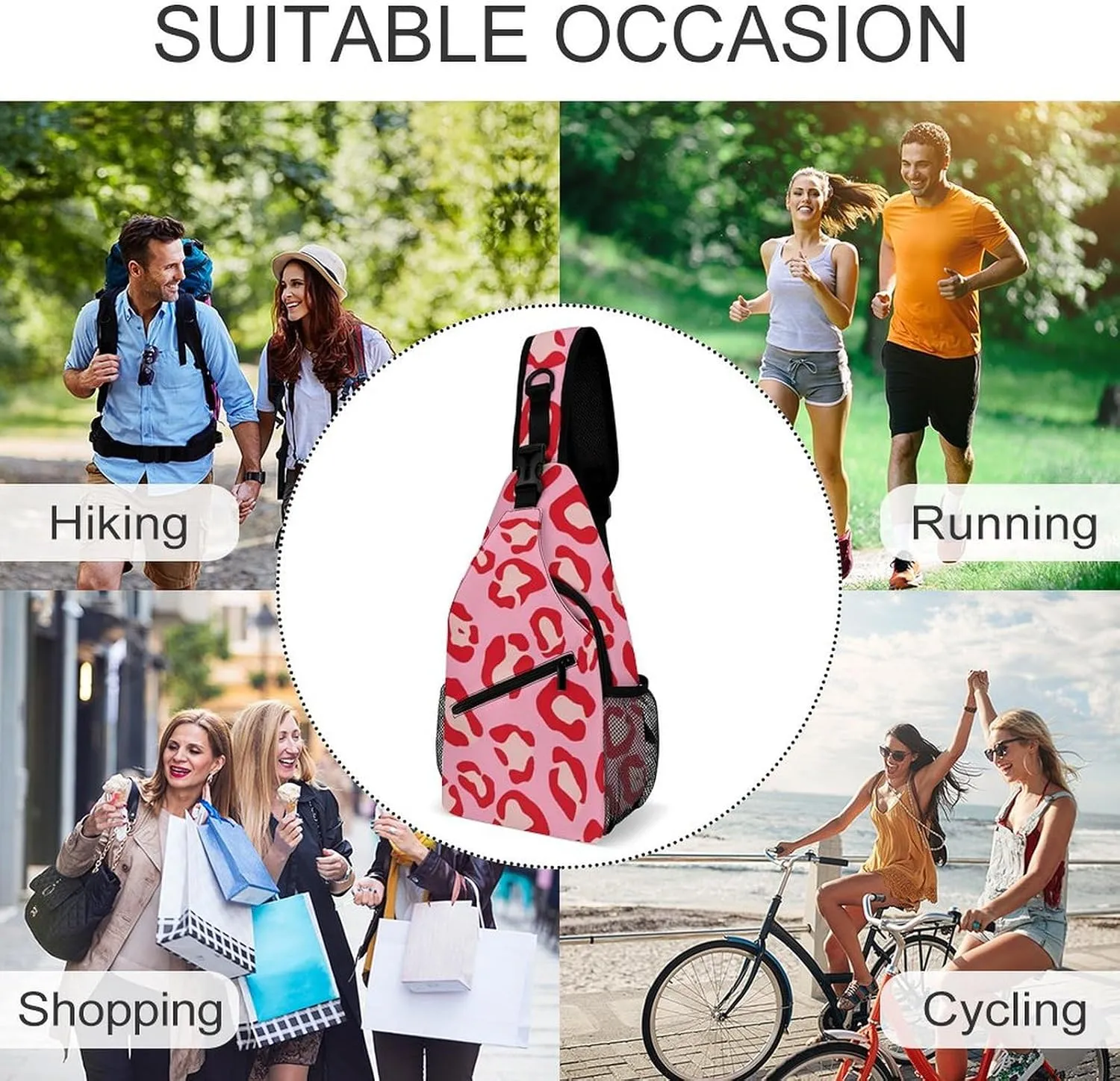 Pink Leopard Pattern Sling Backpack Man Womans Crossbody Backpack Chest Bag Cycling Daypack Hiking Bag Casual Daypacks Leisure Backpacks
