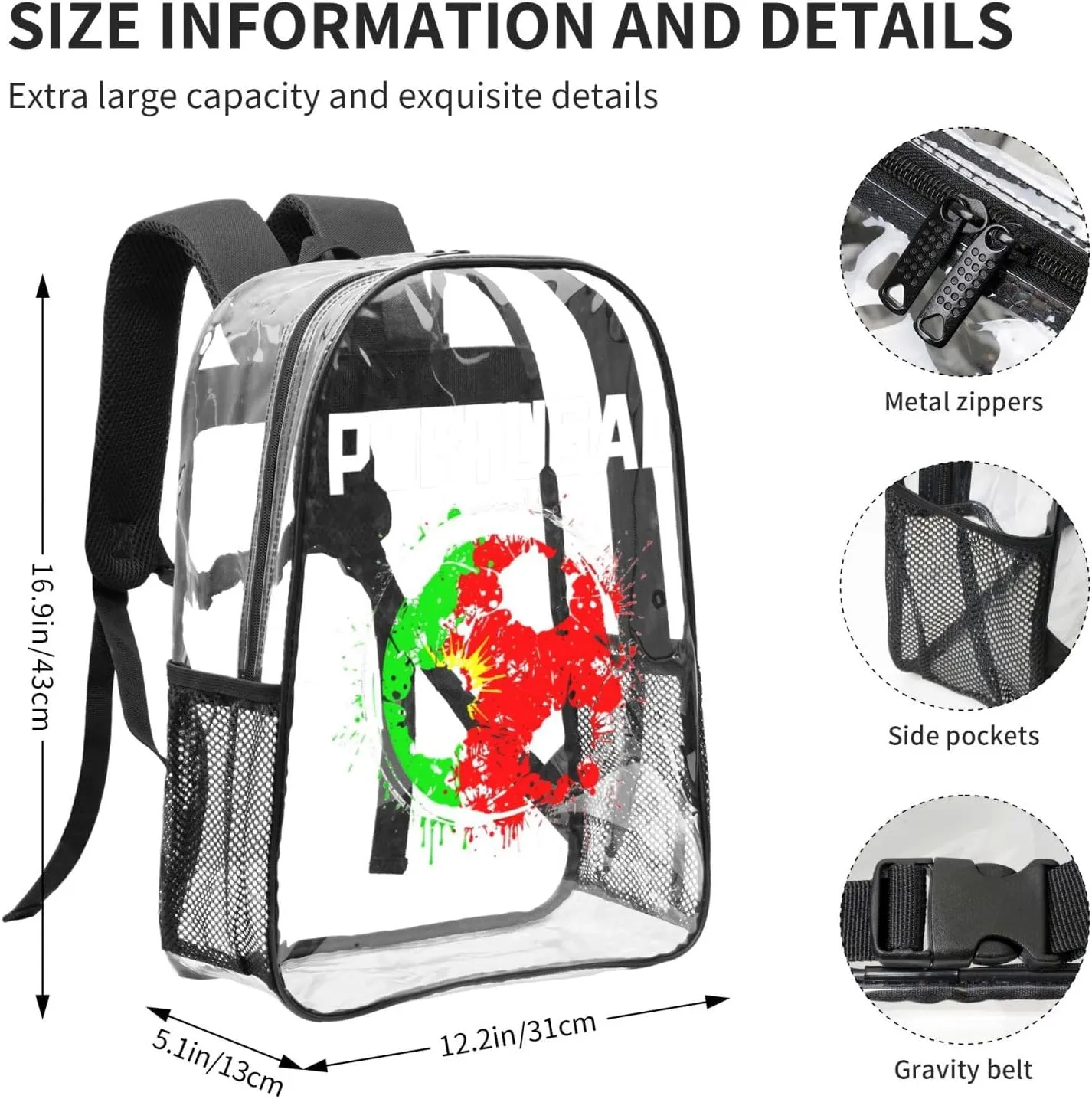 Portugal Soccer Portuguese Football Flag 16 Inch Clear PVC Backpacks Transparent Backpack Multipurpose Double Shoulder Bag for Men Women Gifts