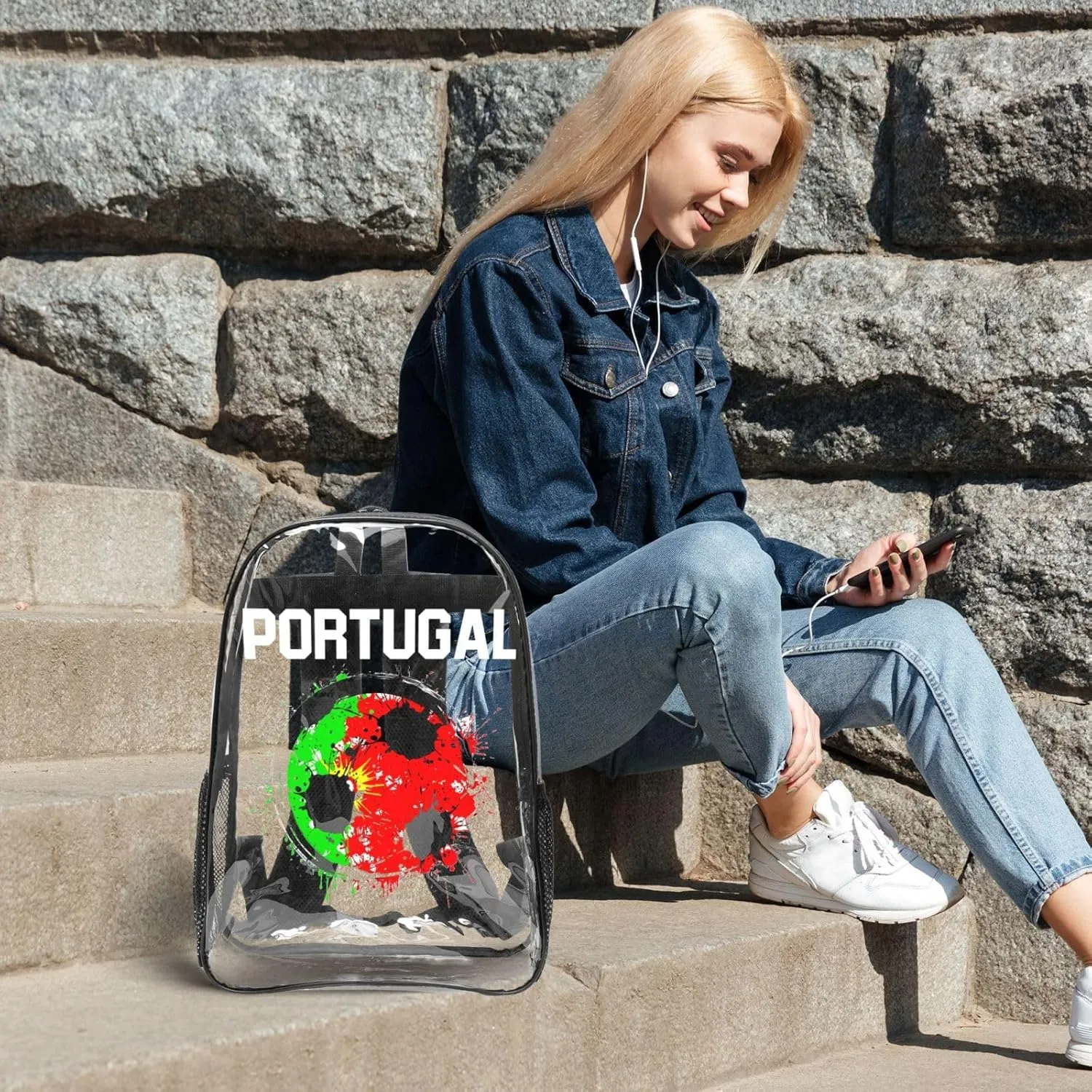 Portugal Soccer Portuguese Football Flag 16 Inch Clear PVC Backpacks Transparent Backpack Multipurpose Double Shoulder Bag for Men Women Gifts