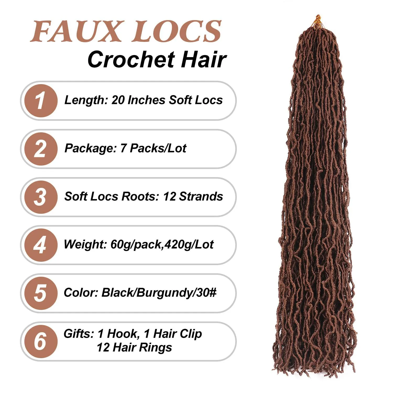 Pre Looped Faux Locs Crochet Hair New Soft Locs Dark Brown 20 Inch 7 Packs Crochet Locs Hair Braids Goddess Locs Hair Extensions For Black Women and Girls(20 Inch (Packs of 7), 30#)