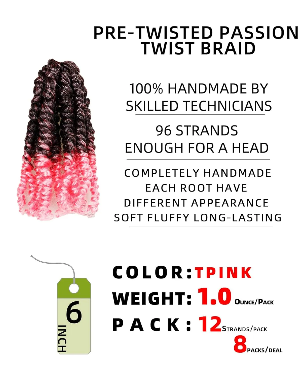 Pre Looped Pretwisted 6 Inches 8 Packs Passion Twist Crochet Hair for Black Women and Kids-Omber Pink,Soft Lightweight Hair Extension(6"-8 Packs,T1B/Pink)