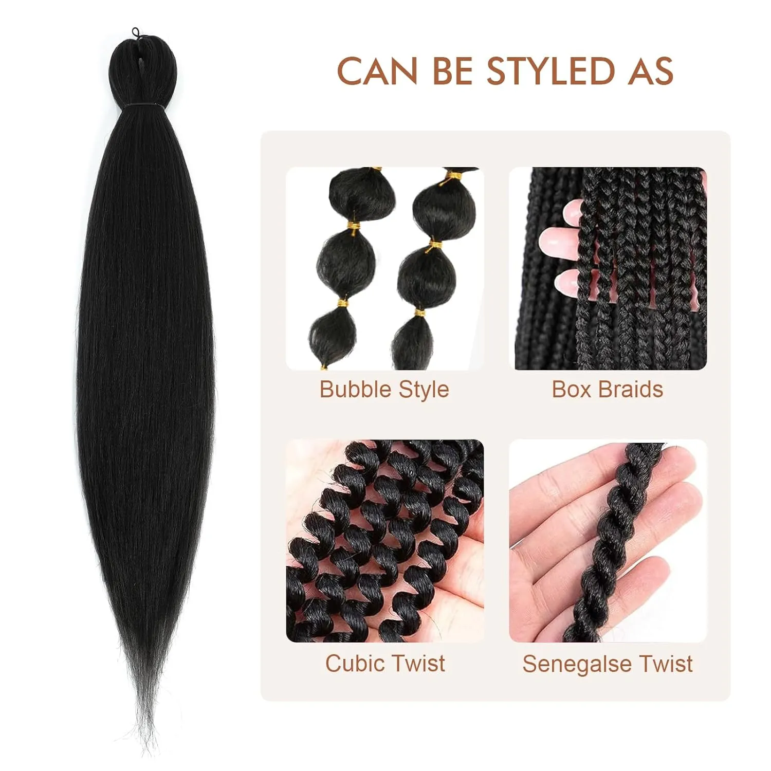 Pre-stretched Braiding Hair - 24 Inch 8 Packs Natural Black Long Braiding Hair For Twist or Box Braids, Yaki Texture Hot Water Setting Synthetic Crochet Hair Extensions (24 Inch, 1B-8P)