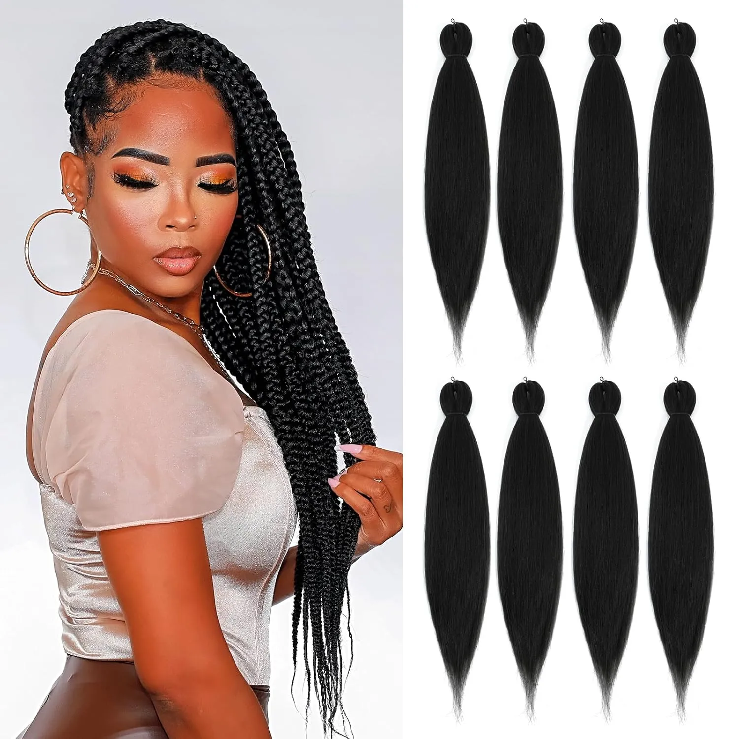 Pre-stretched Braiding Hair - 24 Inch 8 Packs Natural Black Long Braiding Hair For Twist or Box Braids, Yaki Texture Hot Water Setting Synthetic Crochet Hair Extensions (24 Inch, 1B-8P)