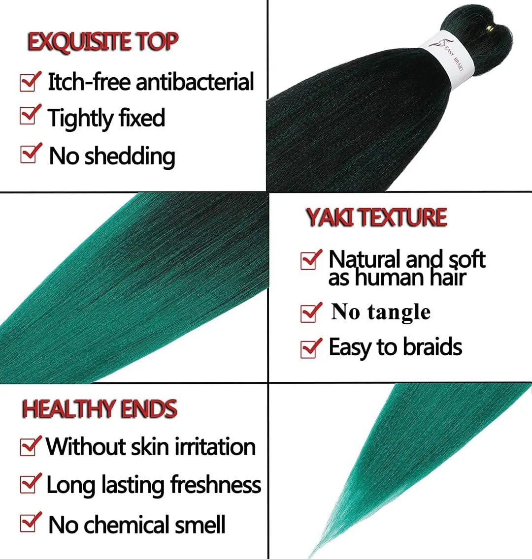 Pre-Stretched Braiding Hair Extensions Ombre Black to Green - 32 inch 8 Packs Synthetic Crochet Braids, Hot Water Setting Professional Soft Yaki Texture. (32inch,#1B/Green)