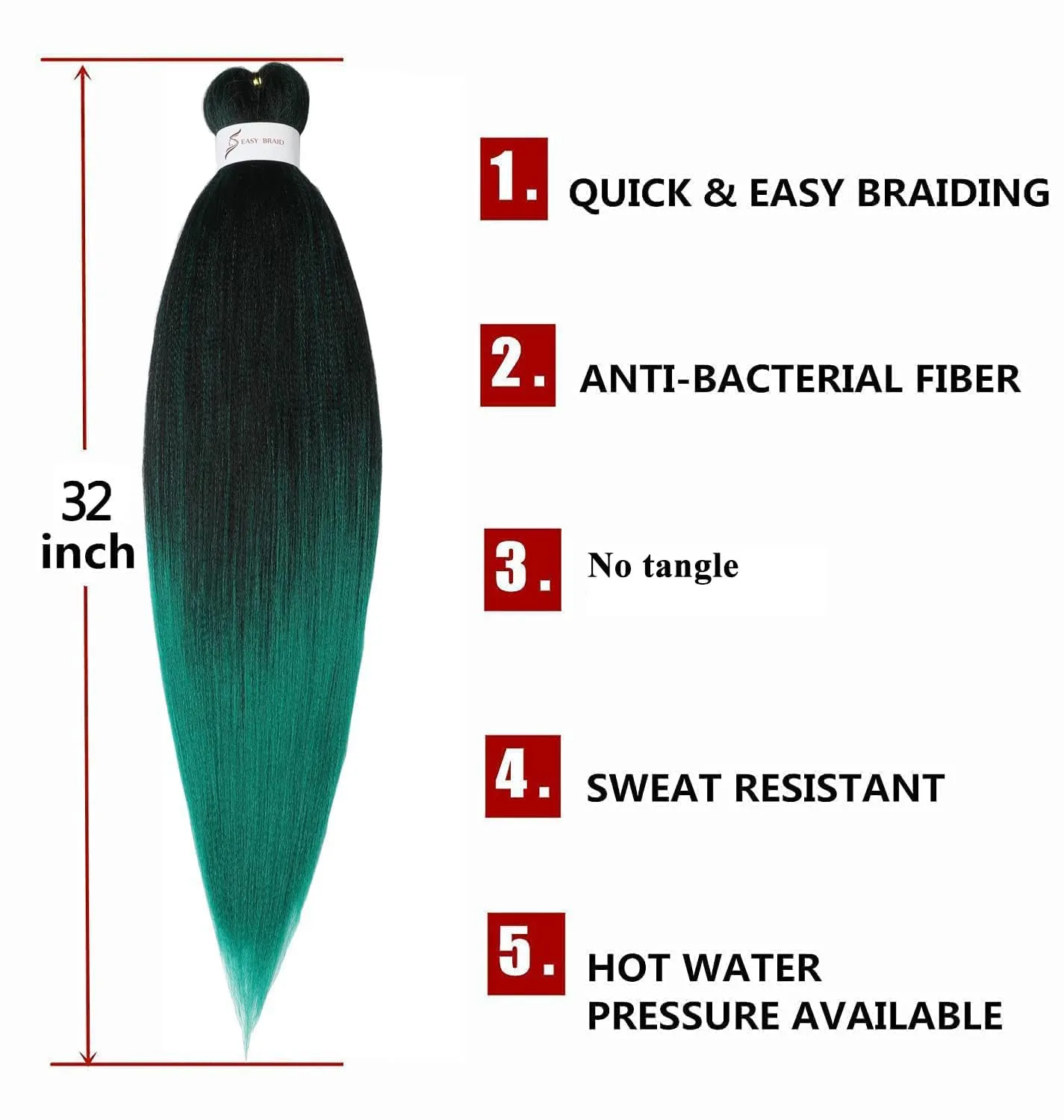Pre-Stretched Braiding Hair Extensions Ombre Black to Green - 32 inch 8 Packs Synthetic Crochet Braids, Hot Water Setting Professional Soft Yaki Texture. (32inch,#1B/Green)