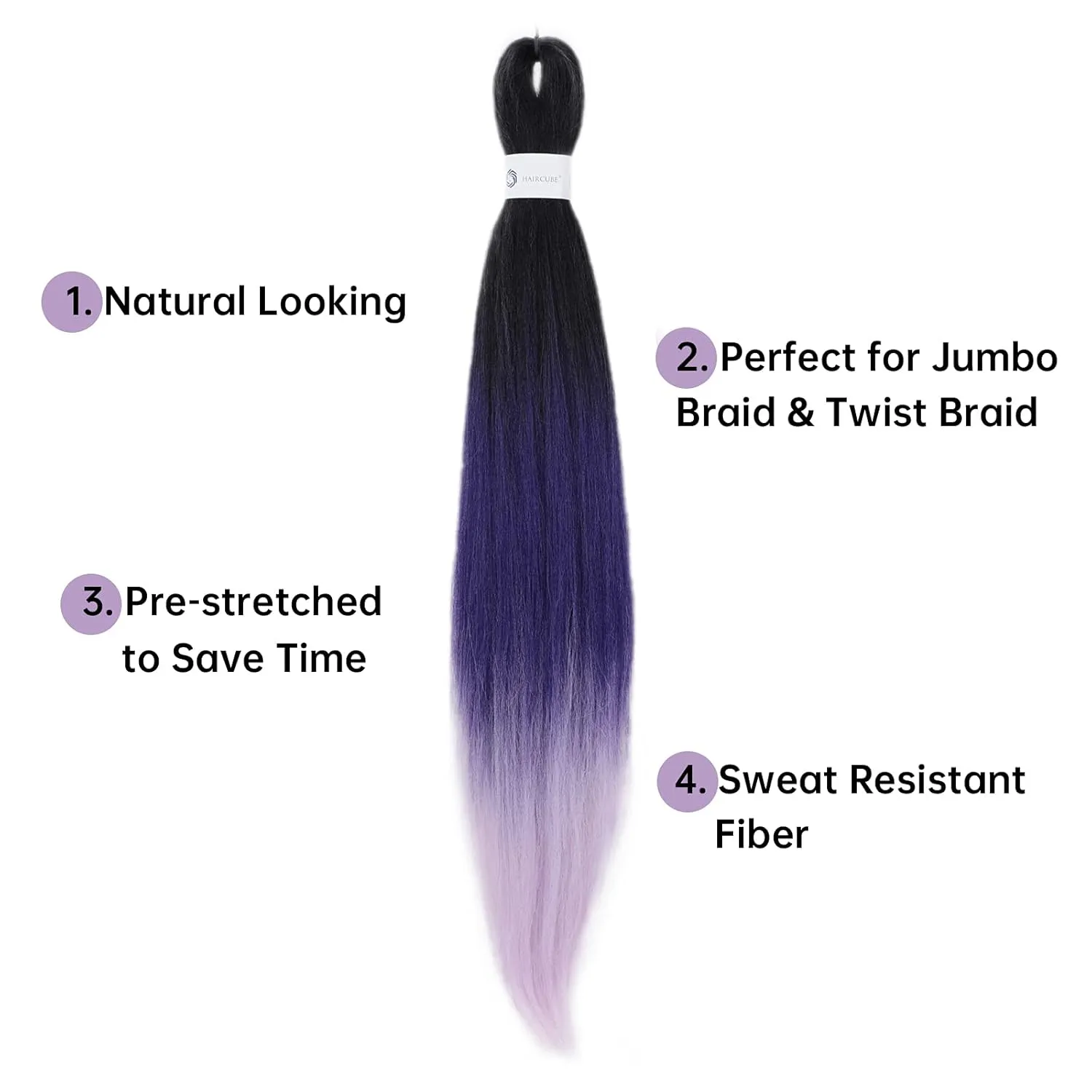 Pre-Stretched Braiding Hair Ombre Purple Braiding Hair Extensions 26 Inch 6 packs Hot Water Setting Professional Soft Yaki Synthetic Crochet Braids（Ombre Purple）