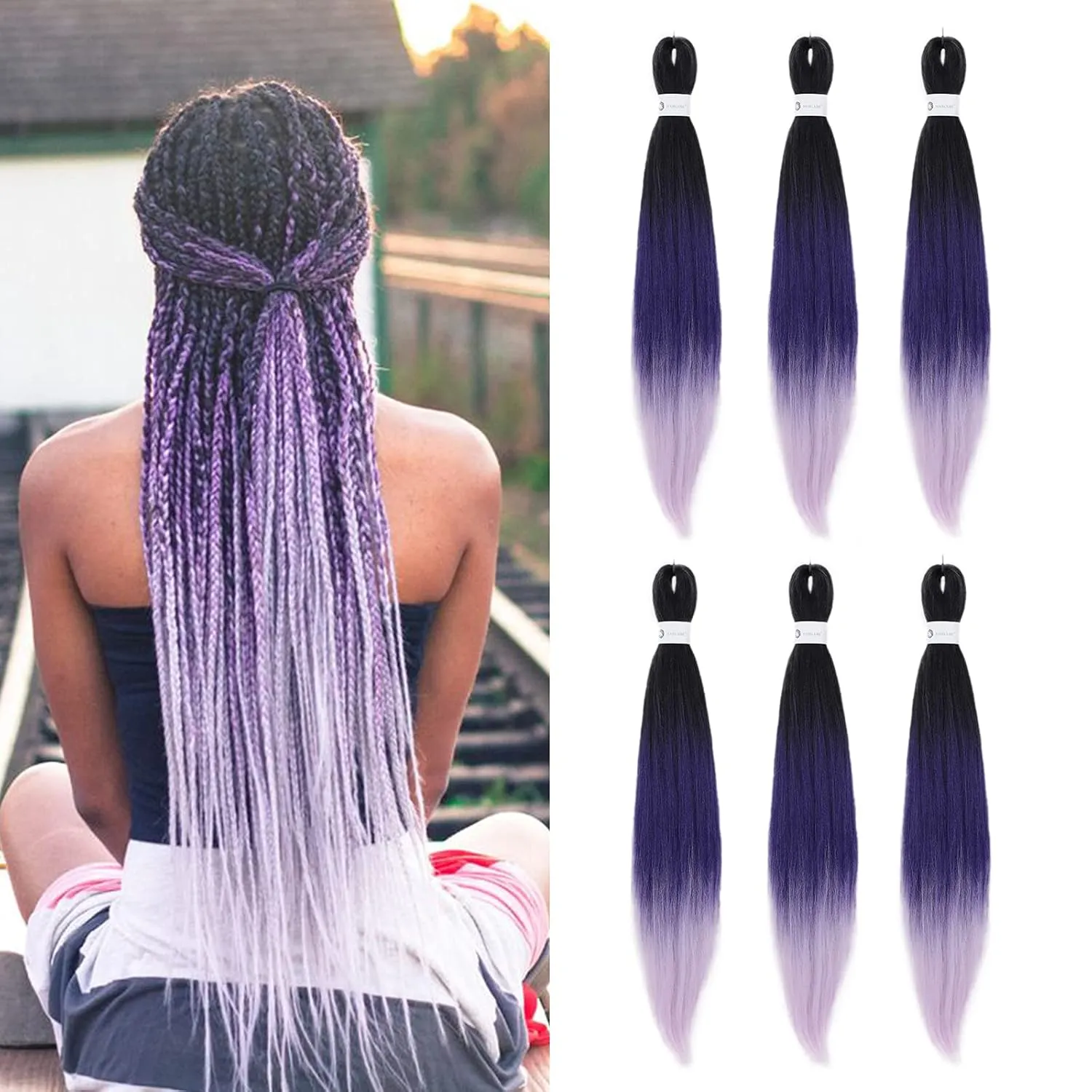Pre-Stretched Braiding Hair Ombre Purple Braiding Hair Extensions 26 Inch 6 packs Hot Water Setting Professional Soft Yaki Synthetic Crochet Braids（Ombre Purple）