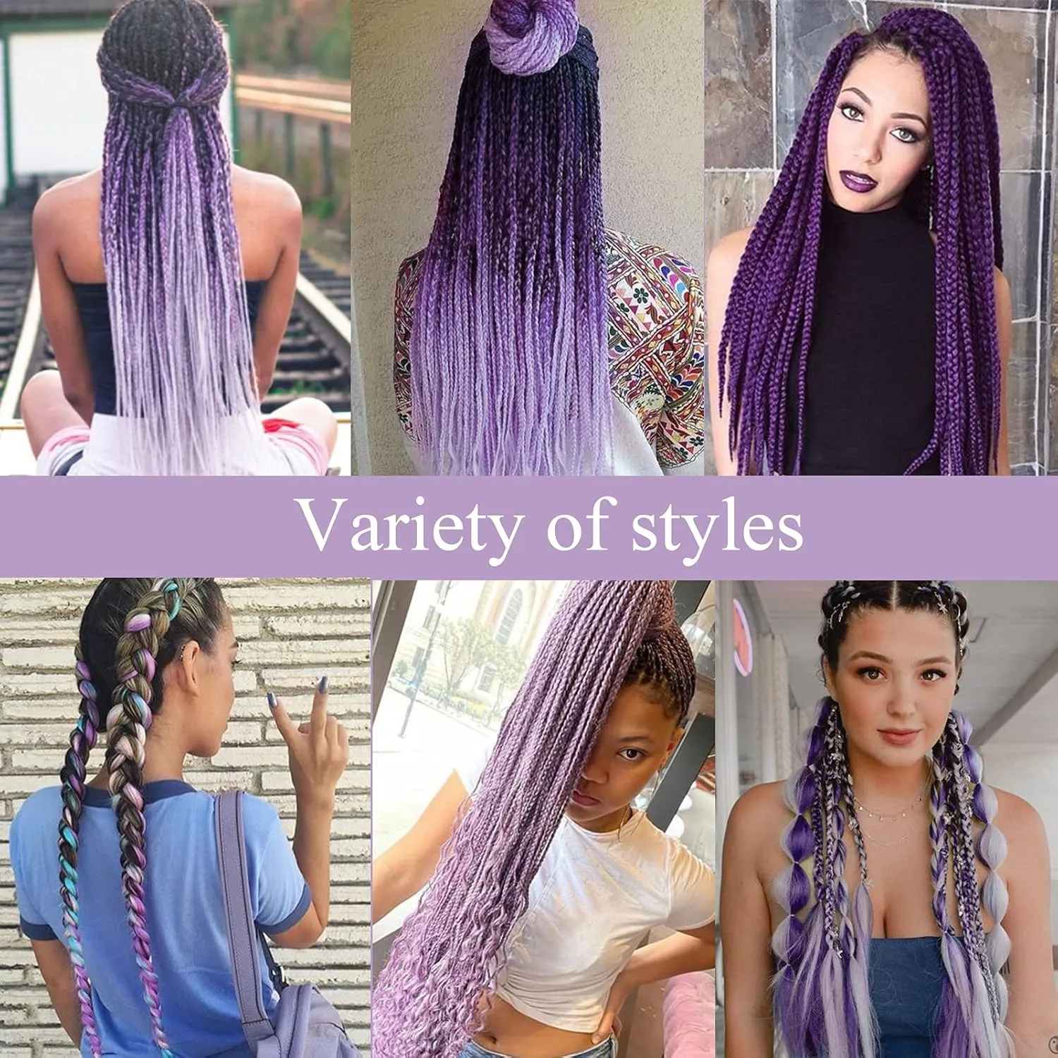 Pre-Stretched Braiding Hair Ombre Purple Braiding Hair Extensions 26 Inch 6 packs Hot Water Setting Professional Soft Yaki Synthetic Crochet Braids（Ombre Purple）