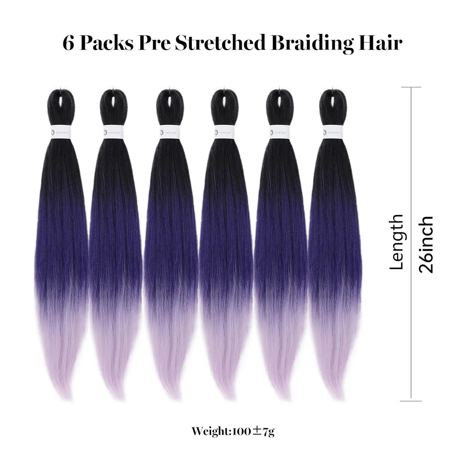 Pre-Stretched Braiding Hair Ombre Purple Braiding Hair Extensions 26 Inch 6 packs Hot Water Setting Professional Soft Yaki Synthetic Crochet Braids（Ombre Purple）