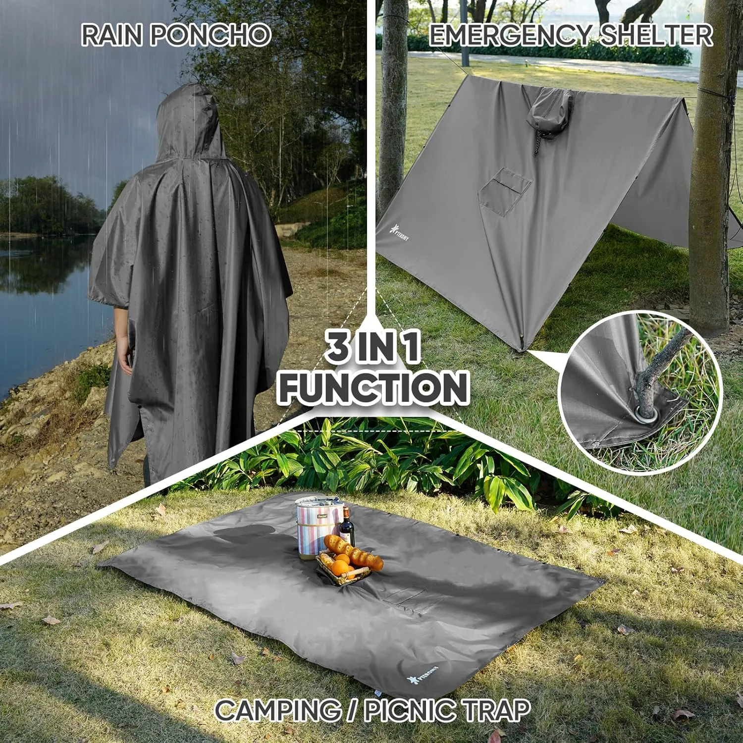PTEROMY Hooded Rain Poncho for Adult with Pocket, Waterproof Lightweight Unisex Raincoat for Hiking Camping Emergency