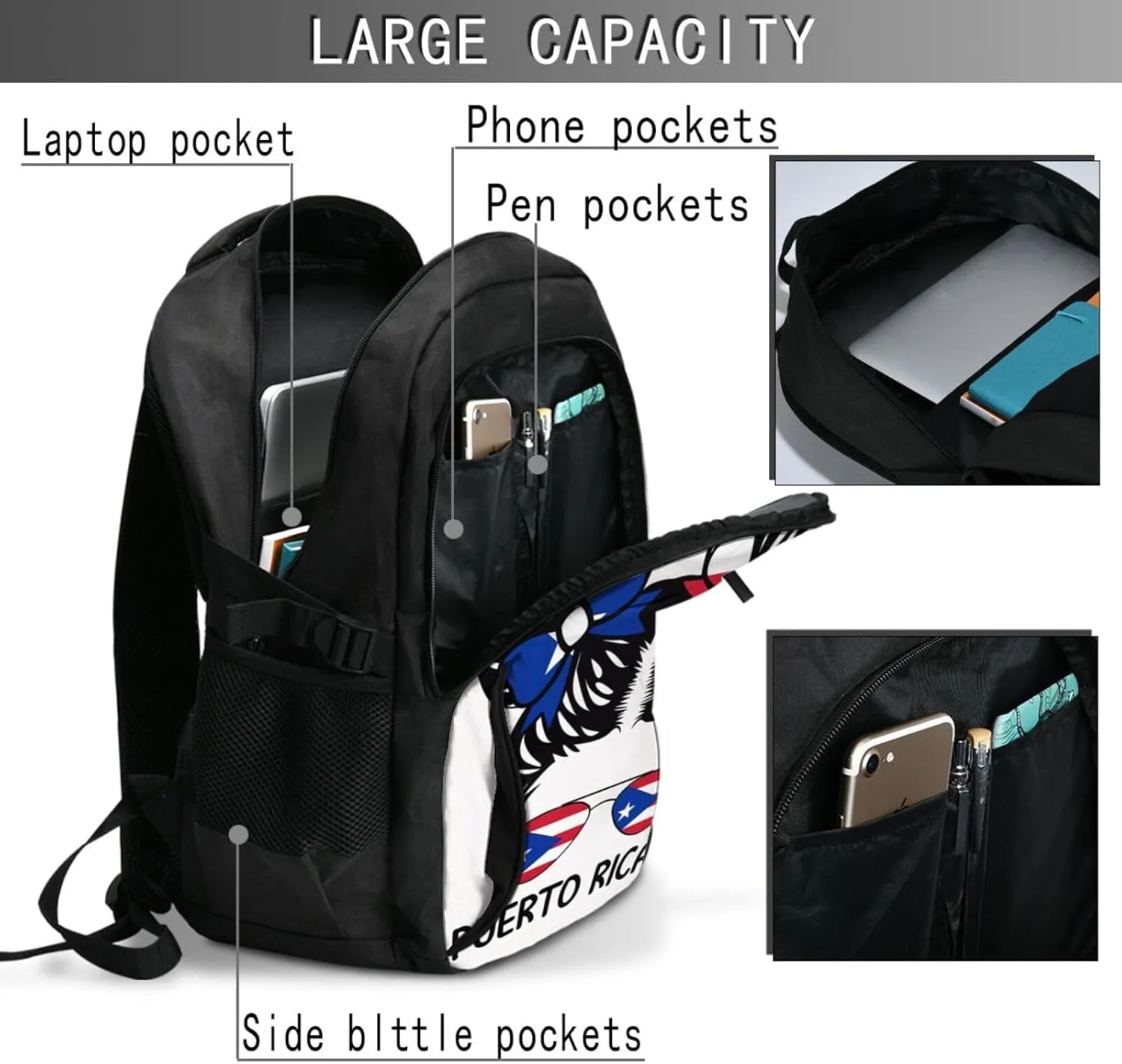Puerto Rican Women Messy Hair Sunglasses Casual Travel Backpacks Hiking Camping Backpack Large Outdoor Sport Daypack Laptop Rucksack Climbing Working Bags with USB Port