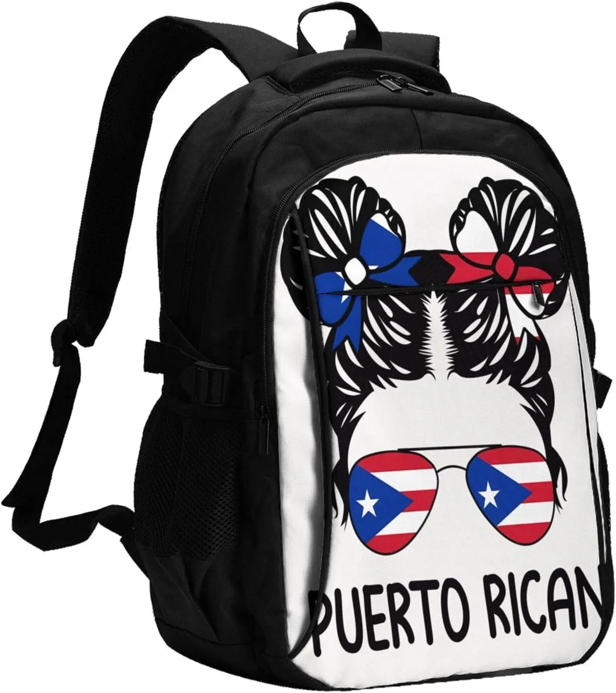 Puerto Rican Women Messy Hair Sunglasses Casual Travel Backpacks Hiking Camping Backpack Large Outdoor Sport Daypack Laptop Rucksack Climbing Working Bags with USB Port