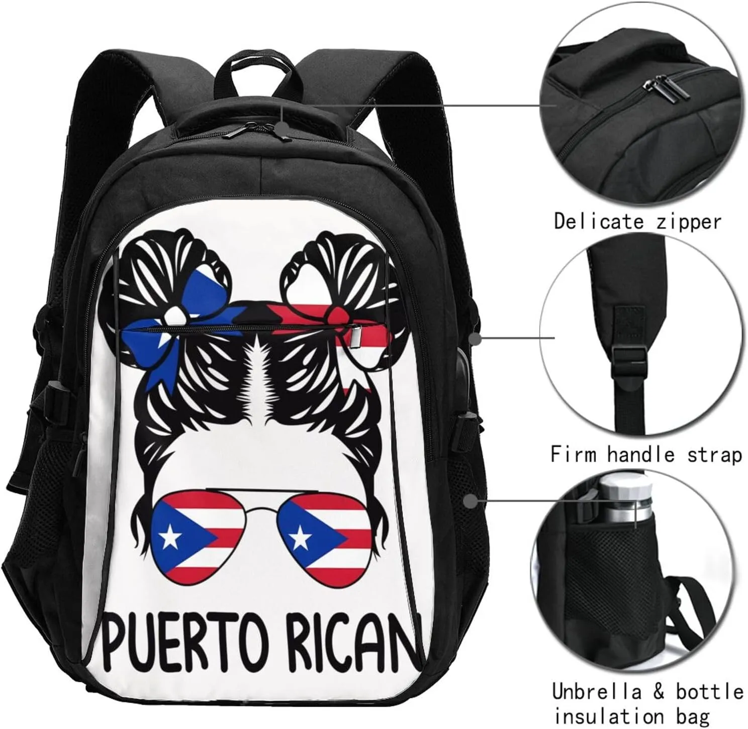 Puerto Rican Women Messy Hair Sunglasses Casual Travel Backpacks Hiking Camping Backpack Large Outdoor Sport Daypack Laptop Rucksack Climbing Working Bags with USB Port