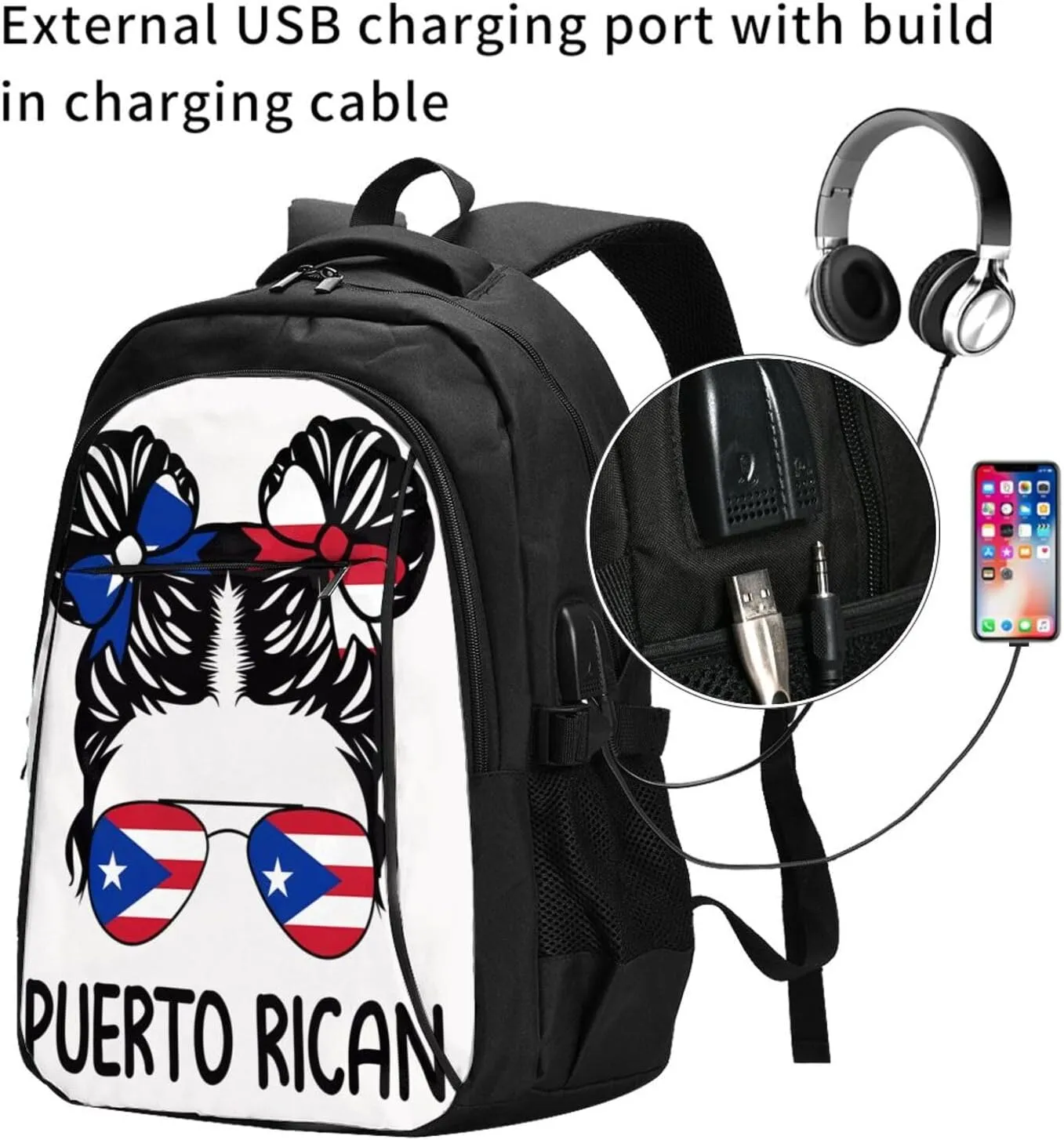 Puerto Rican Women Messy Hair Sunglasses Casual Travel Backpacks Hiking Camping Backpack Large Outdoor Sport Daypack Laptop Rucksack Climbing Working Bags with USB Port
