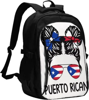Puerto Rican Women Messy Hair Sunglasses Casual Travel Backpacks Hiking Camping Backpack Large Outdoor Sport Daypack Laptop Rucksack Climbing Working Bags with USB Port