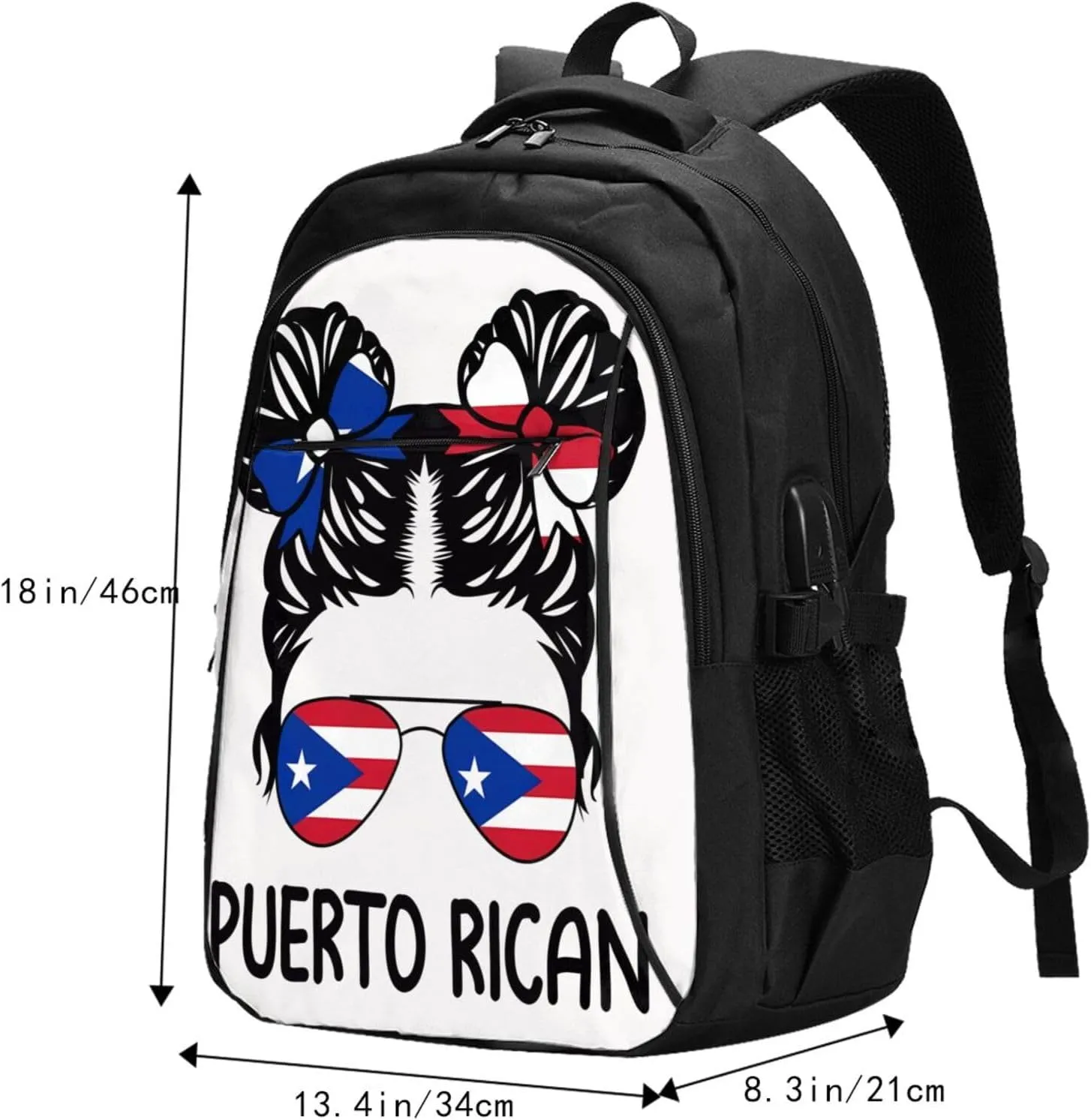 Puerto Rican Women Messy Hair Sunglasses Casual Travel Backpacks Hiking Camping Backpack Large Outdoor Sport Daypack Laptop Rucksack Climbing Working Bags with USB Port