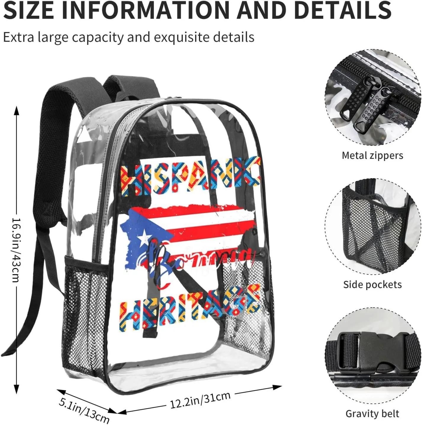 Puerto Rico Flag Hispanic Heritage Month Boricua Rican 16 Inch Clear PVC Backpacks Transparent Backpack Multipurpose Double Shoulder Bag for Men Women Gifts