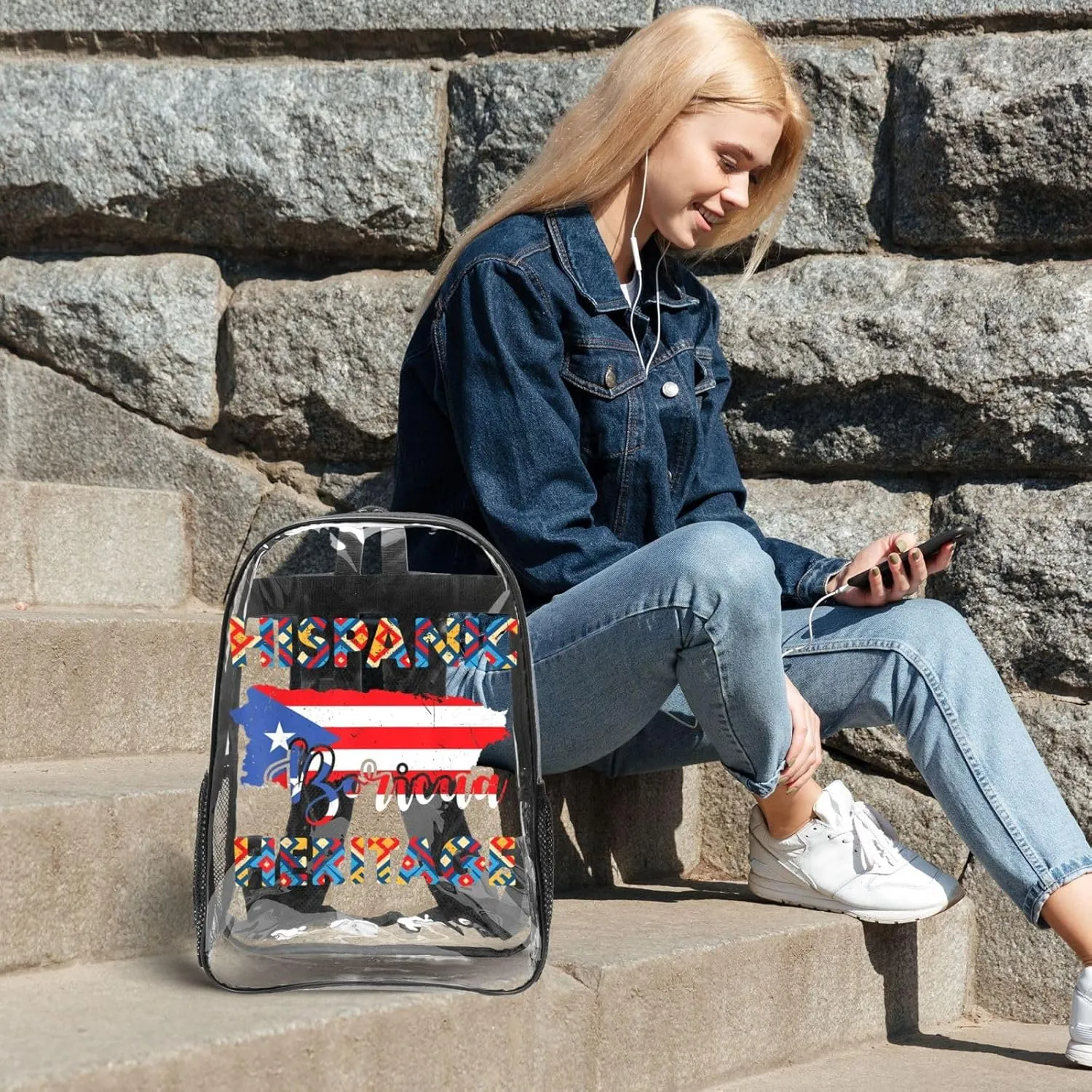 Puerto Rico Flag Hispanic Heritage Month Boricua Rican 16 Inch Clear PVC Backpacks Transparent Backpack Multipurpose Double Shoulder Bag for Men Women Gifts