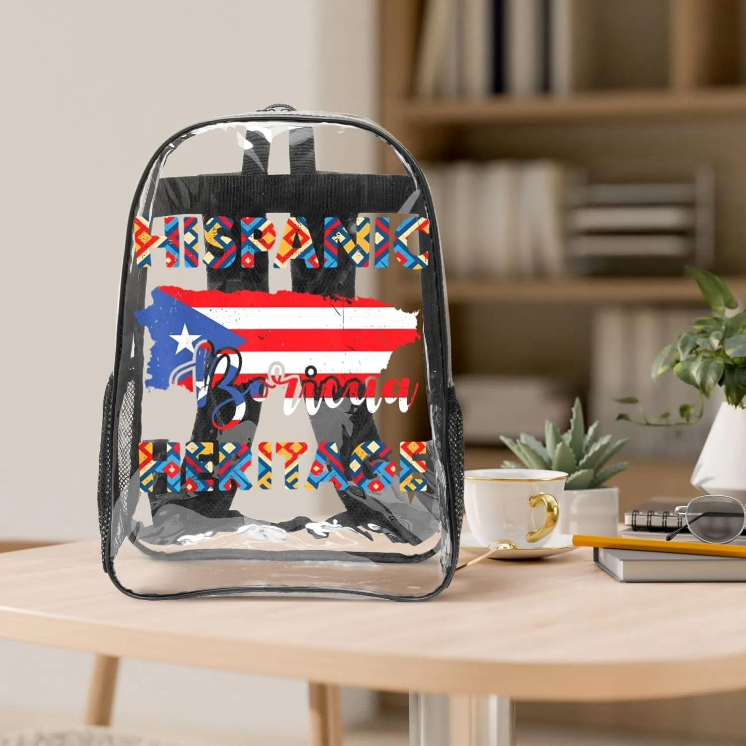 Puerto Rico Flag Hispanic Heritage Month Boricua Rican 16 Inch Clear PVC Backpacks Transparent Backpack Multipurpose Double Shoulder Bag for Men Women Gifts