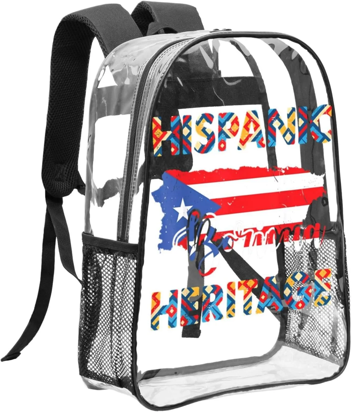 Puerto Rico Flag Hispanic Heritage Month Boricua Rican 16 Inch Clear PVC Backpacks Transparent Backpack Multipurpose Double Shoulder Bag for Men Women Gifts