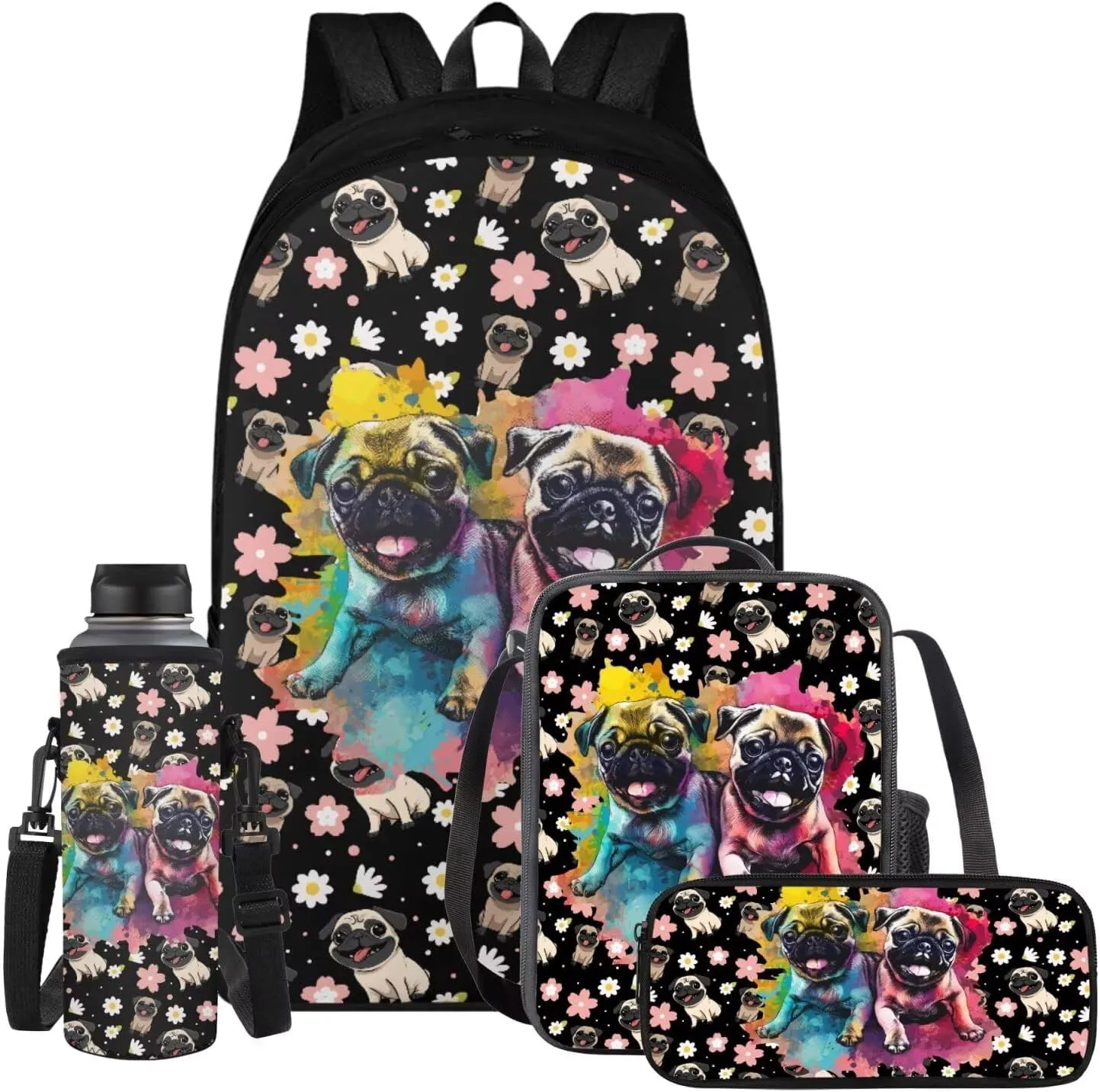 Pug Backpack for Kids 8-12 with Lunchbox Boys School Bag with Lunch Bag Middle School Book Bags 6th Grade Girls Boys Bookbag with Water Bottle Holder Pencil Case 4 in 1