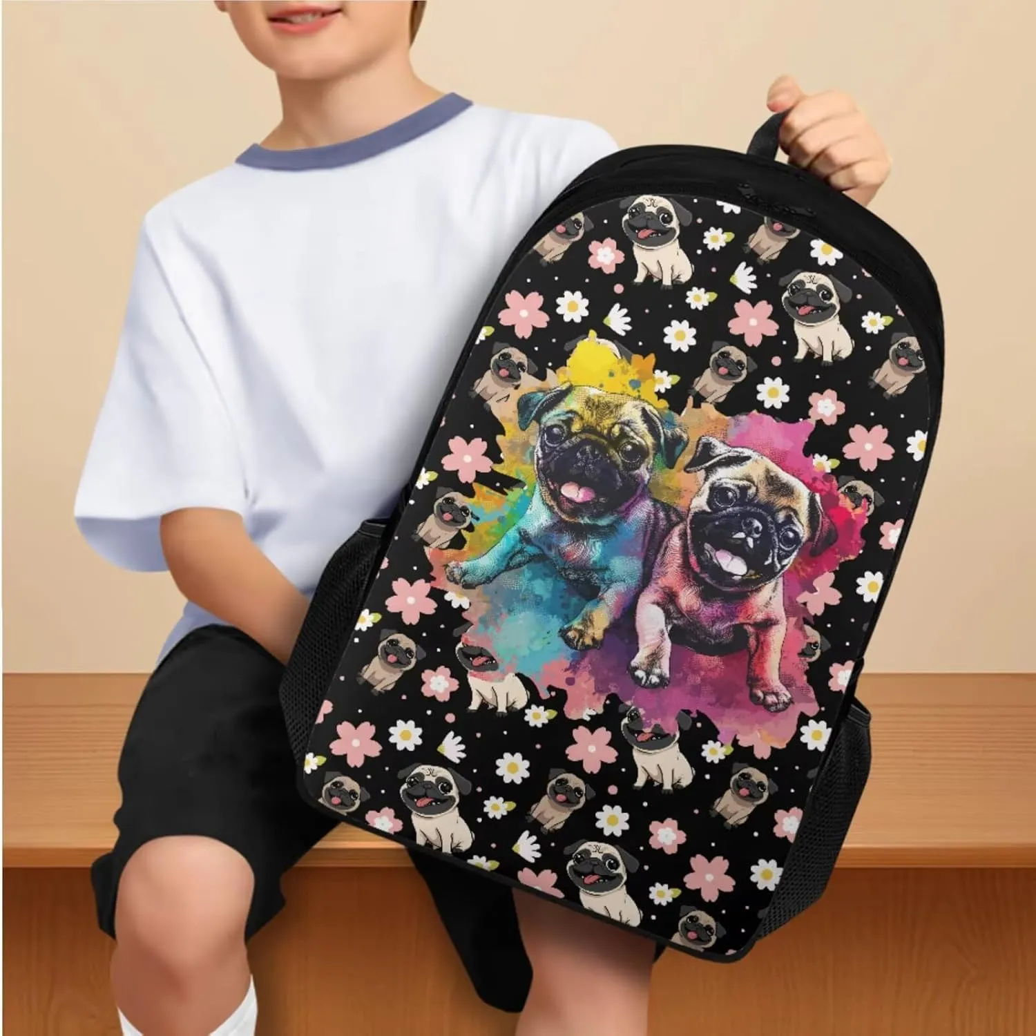 Pug Backpack for Kids 8-12 with Lunchbox Boys School Bag with Lunch Bag Middle School Book Bags 6th Grade Girls Boys Bookbag with Water Bottle Holder Pencil Case 4 in 1