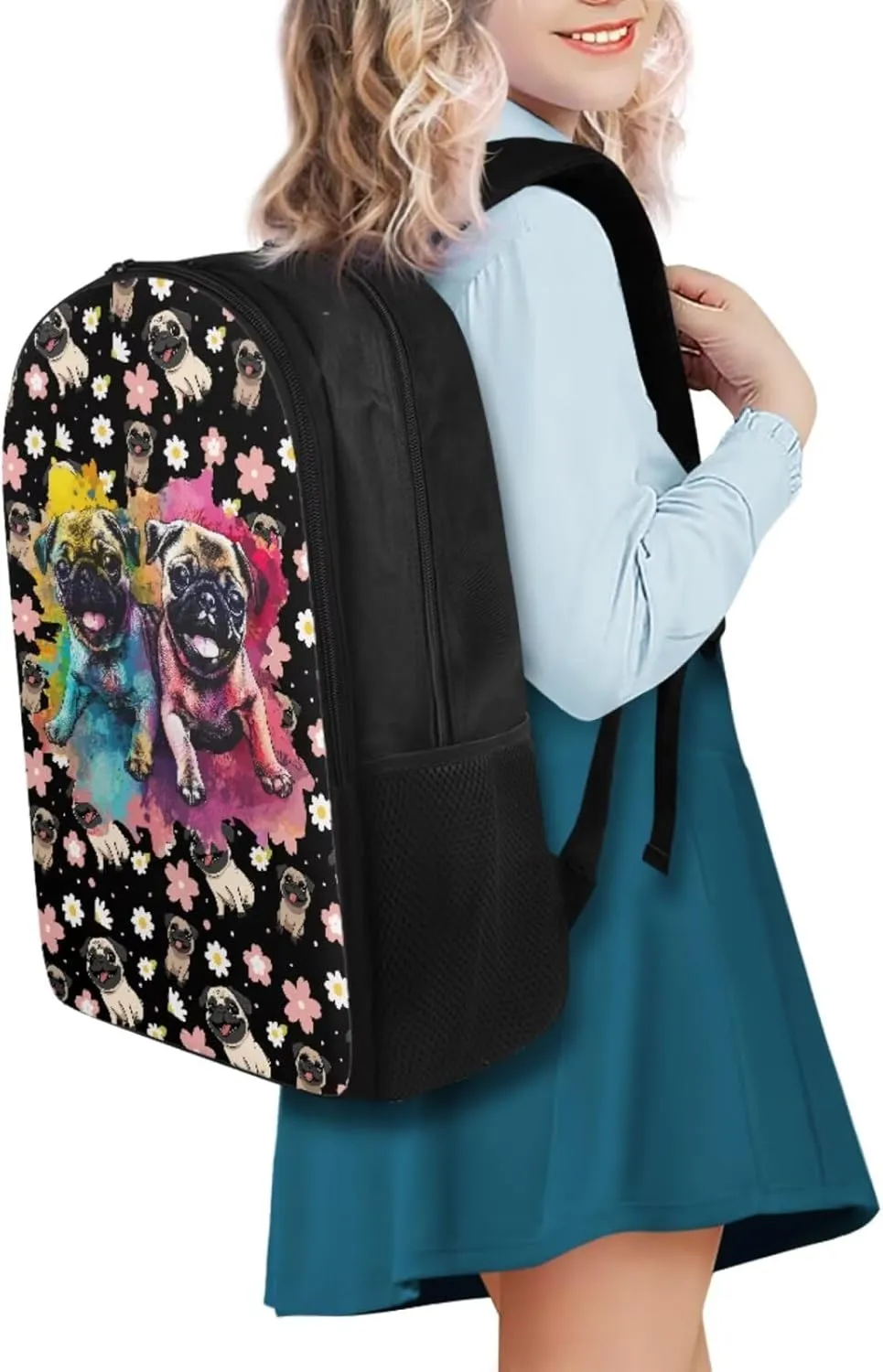 Pug Backpack for Kids 8-12 with Lunchbox Boys School Bag with Lunch Bag Middle School Book Bags 6th Grade Girls Boys Bookbag with Water Bottle Holder Pencil Case 4 in 1