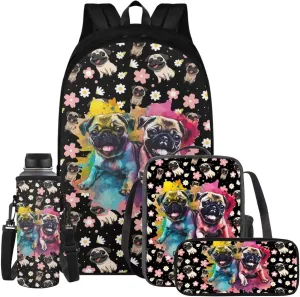 Pug Backpack for Kids 8-12 with Lunchbox Boys School Bag with Lunch Bag Middle School Book Bags 6th Grade Girls Boys Bookbag with Water Bottle Holder Pencil Case 4 in 1
