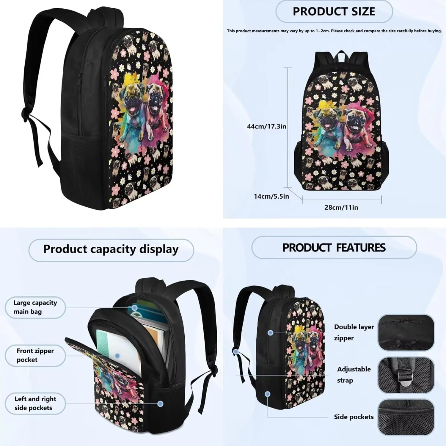 Pug Backpack for Kids 8-12 with Lunchbox Boys School Bag with Lunch Bag Middle School Book Bags 6th Grade Girls Boys Bookbag with Water Bottle Holder Pencil Case 4 in 1
