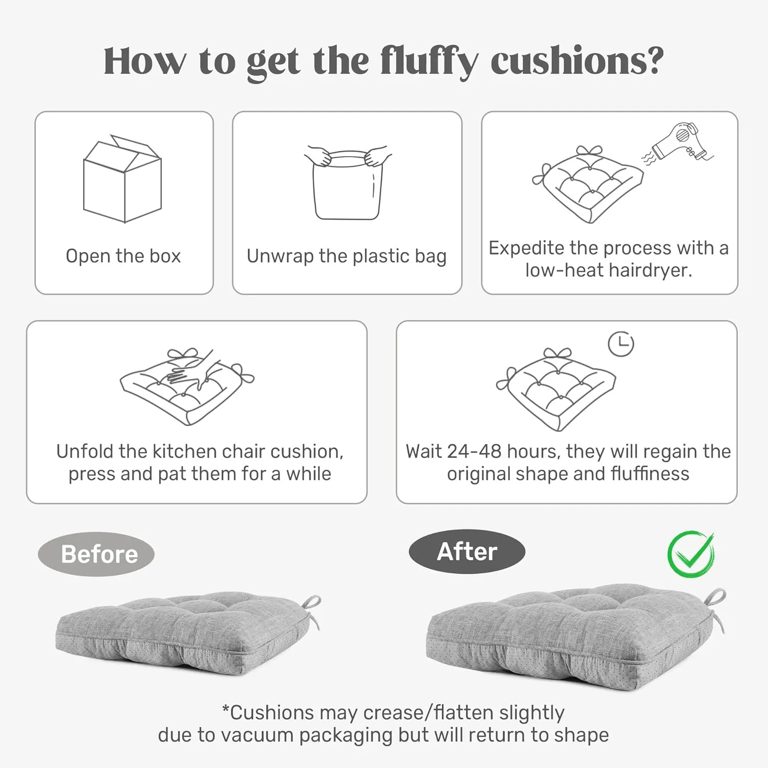 puredown® Chair Cushions for Dining Chairs, Tufted Memory Foam Chair Pads with Non-Slip Backing, Kitchen Seat Cushions with Ties, Washable Seat Pad Set of 4, 15.5" x 15.5" x 4", Light Grey