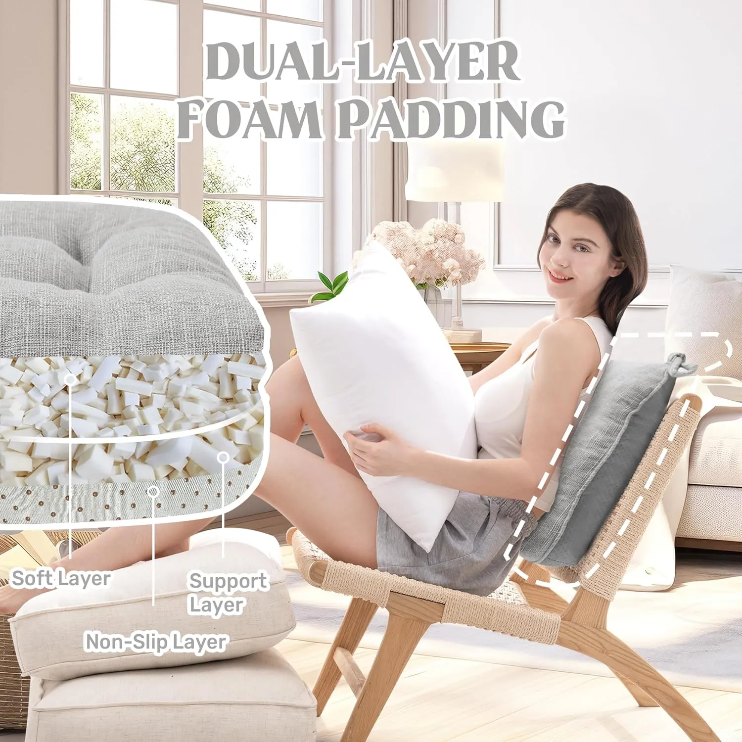 puredown® Chair Cushions for Dining Chairs, Tufted Memory Foam Chair Pads with Non-Slip Backing, Kitchen Seat Cushions with Ties, Washable Seat Pad Set of 4, 15.5" x 15.5" x 4", Light Grey