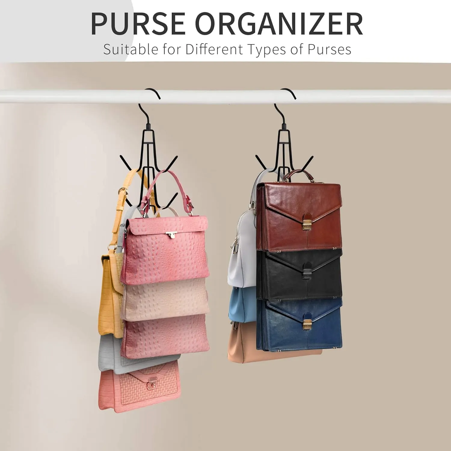 Purse Hanger for Closet, 2 Pack Rotatable Organizer Bag Hanger Hook, Space Saving Closet Organizers and Storage for Bags, Backpacks, Handbags, Black