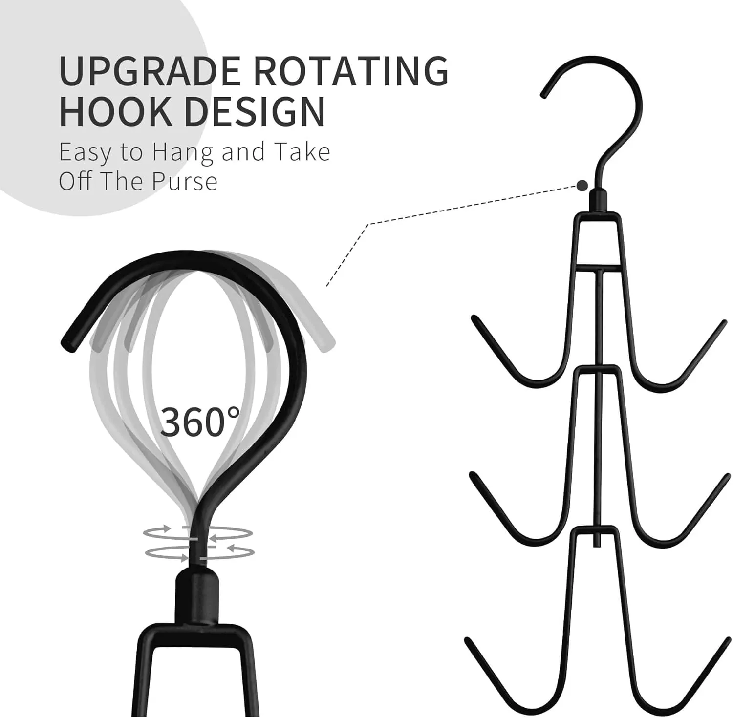 Purse Hanger for Closet, 2 Pack Rotatable Organizer Bag Hanger Hook, Space Saving Closet Organizers and Storage for Bags, Backpacks, Handbags, Black