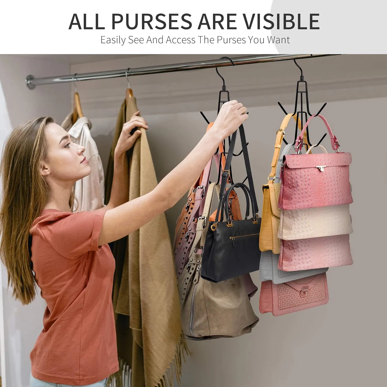 Purse Hanger for Closet, 2 Pack Rotatable Organizer Bag Hanger Hook, Space Saving Closet Organizers and Storage for Bags, Backpacks, Handbags, Black