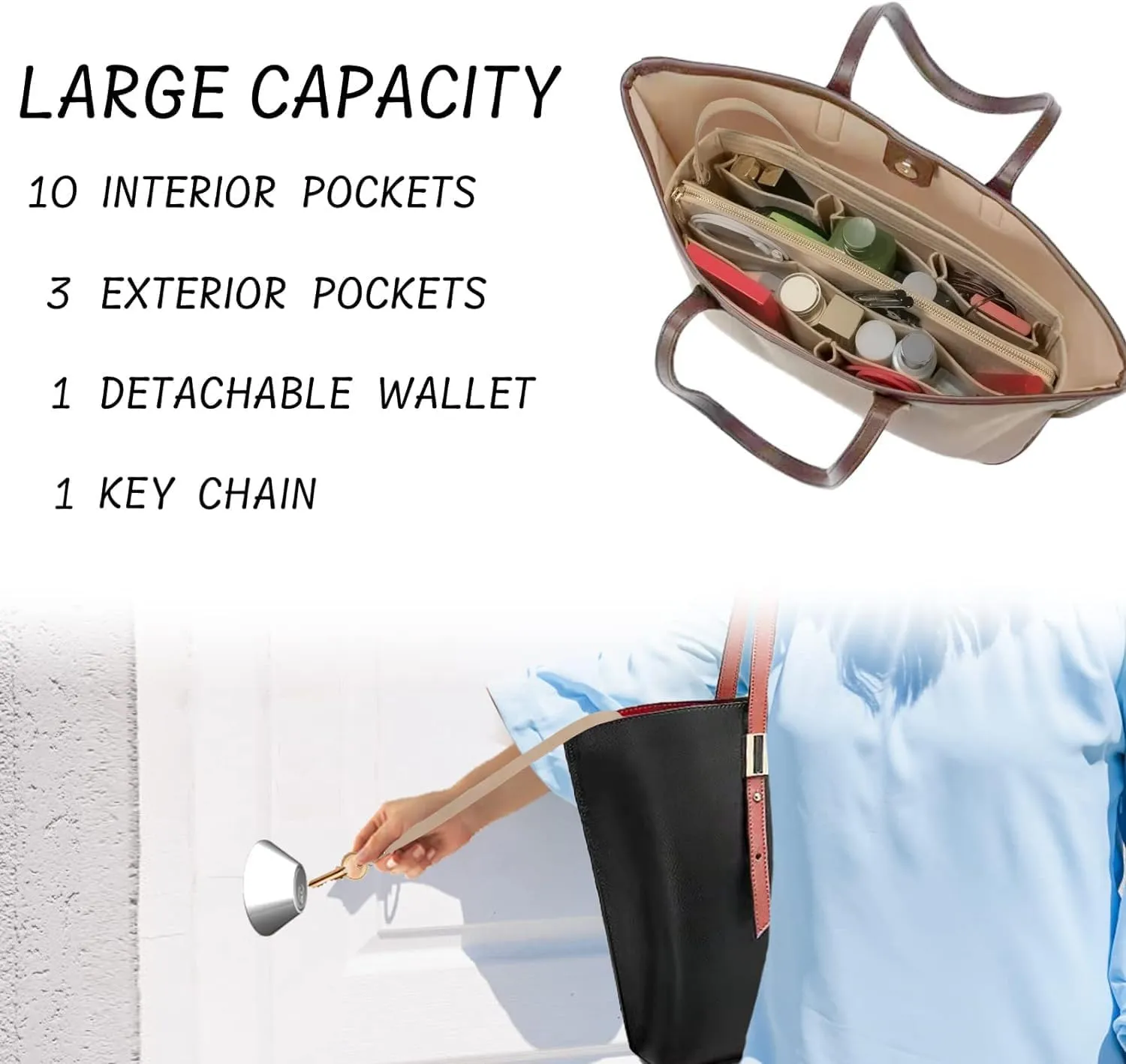 Purse Organizer Insert with Zipper Felt Bag Organizer for Tote Purse Beige Slender-Large