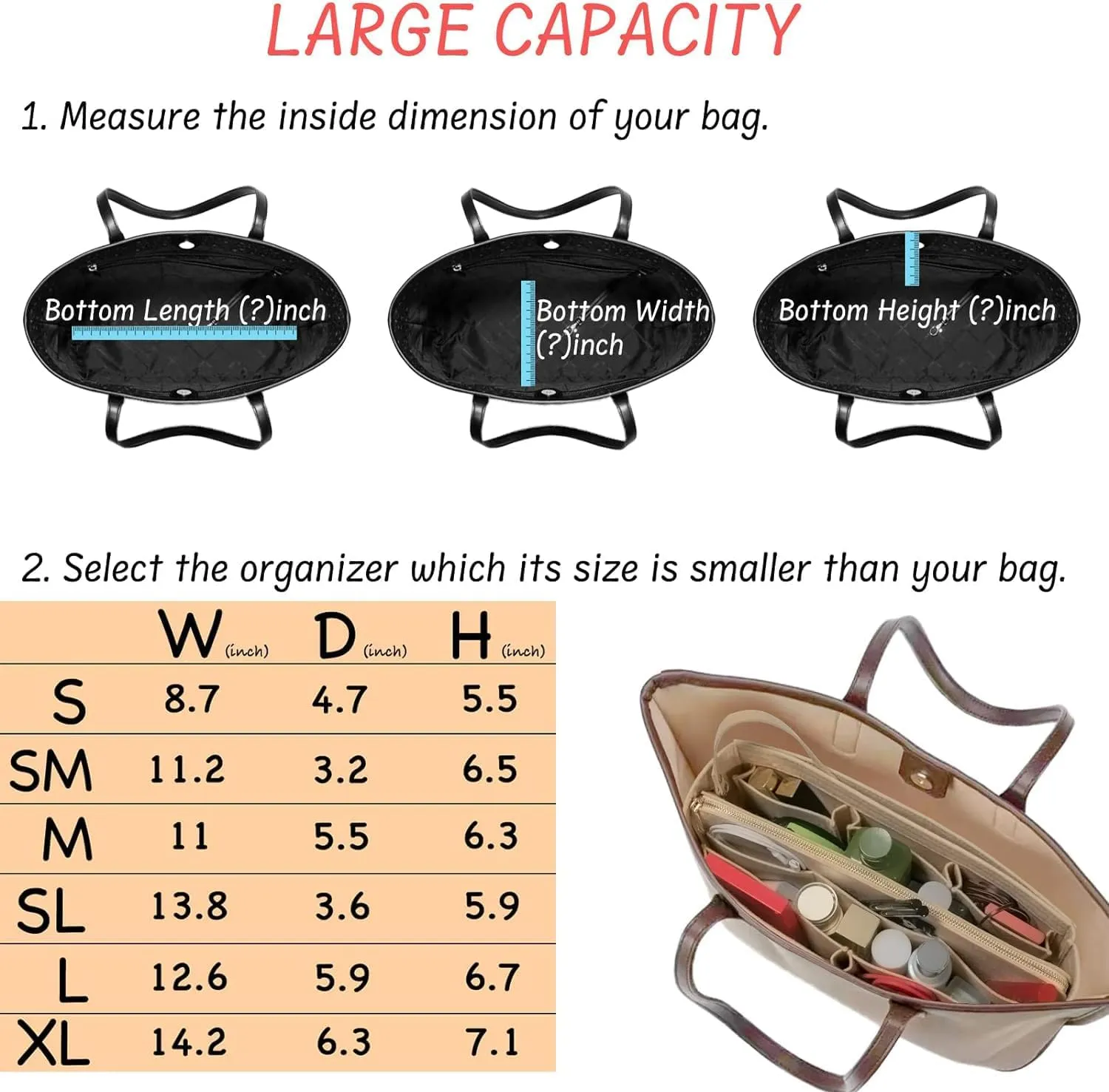 Purse Organizer Insert with Zipper Felt Bag Organizer for Tote Purse Beige Slender-Large