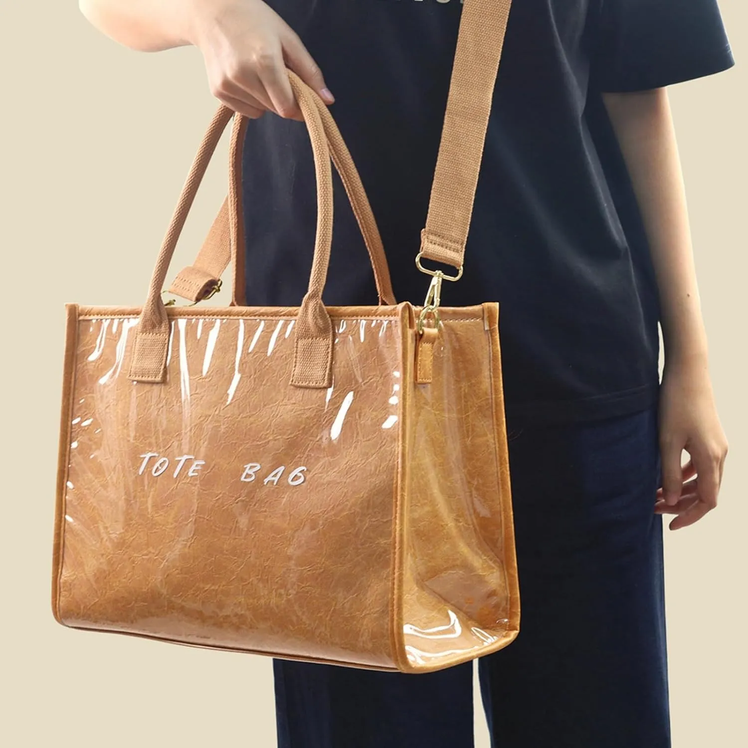 PVC Tote Bag Women Top Handle Handbag Kraft Paper Work Waterproof Large Beach Purse Office College Laptop