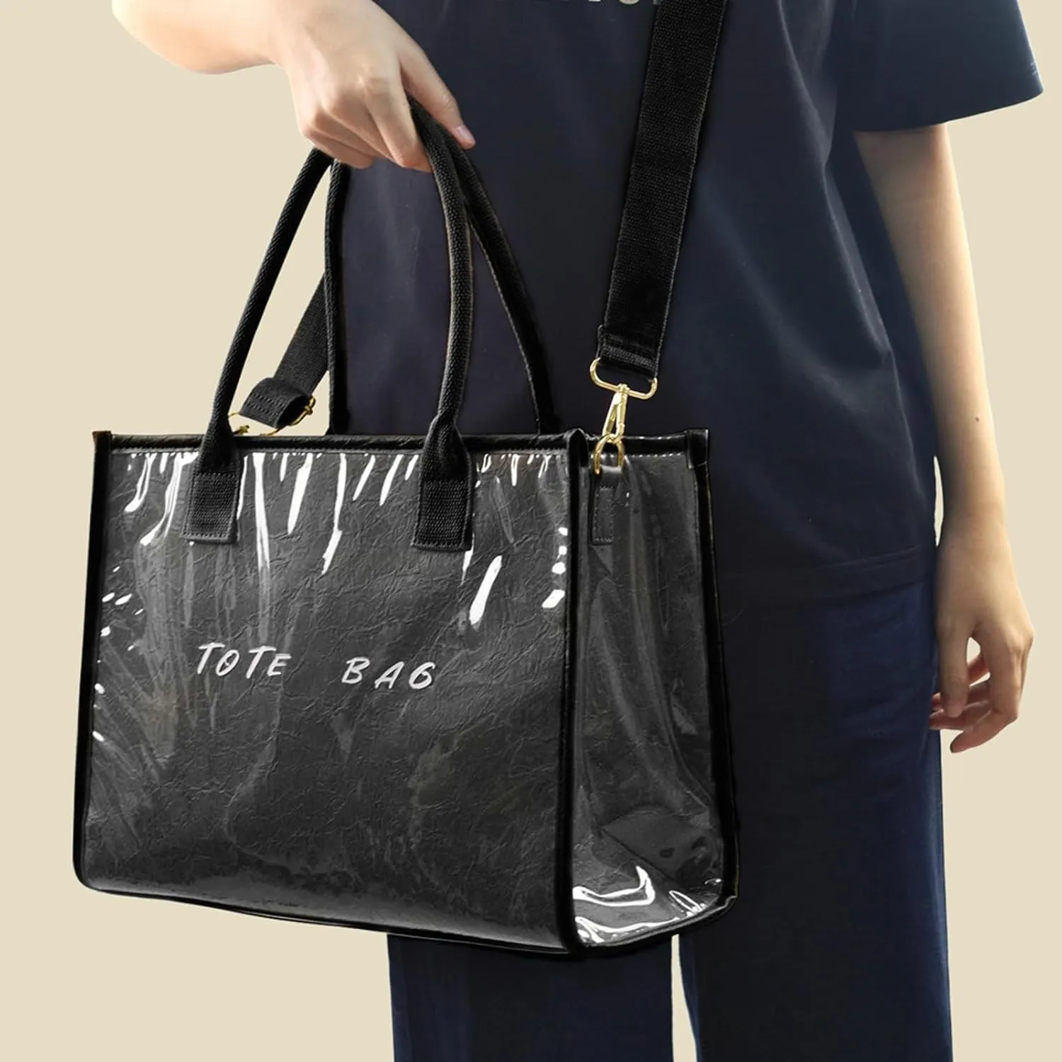 PVC Tote Bag Women Top Handle Handbag Kraft Paper Work Waterproof Large Beach Purse Office College Laptop