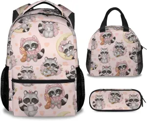 Raccoon Backpack with Lunch Box, Set of 3 School Backpacks Matching Combo, Cute Bookbag and Pencil Case Bundle