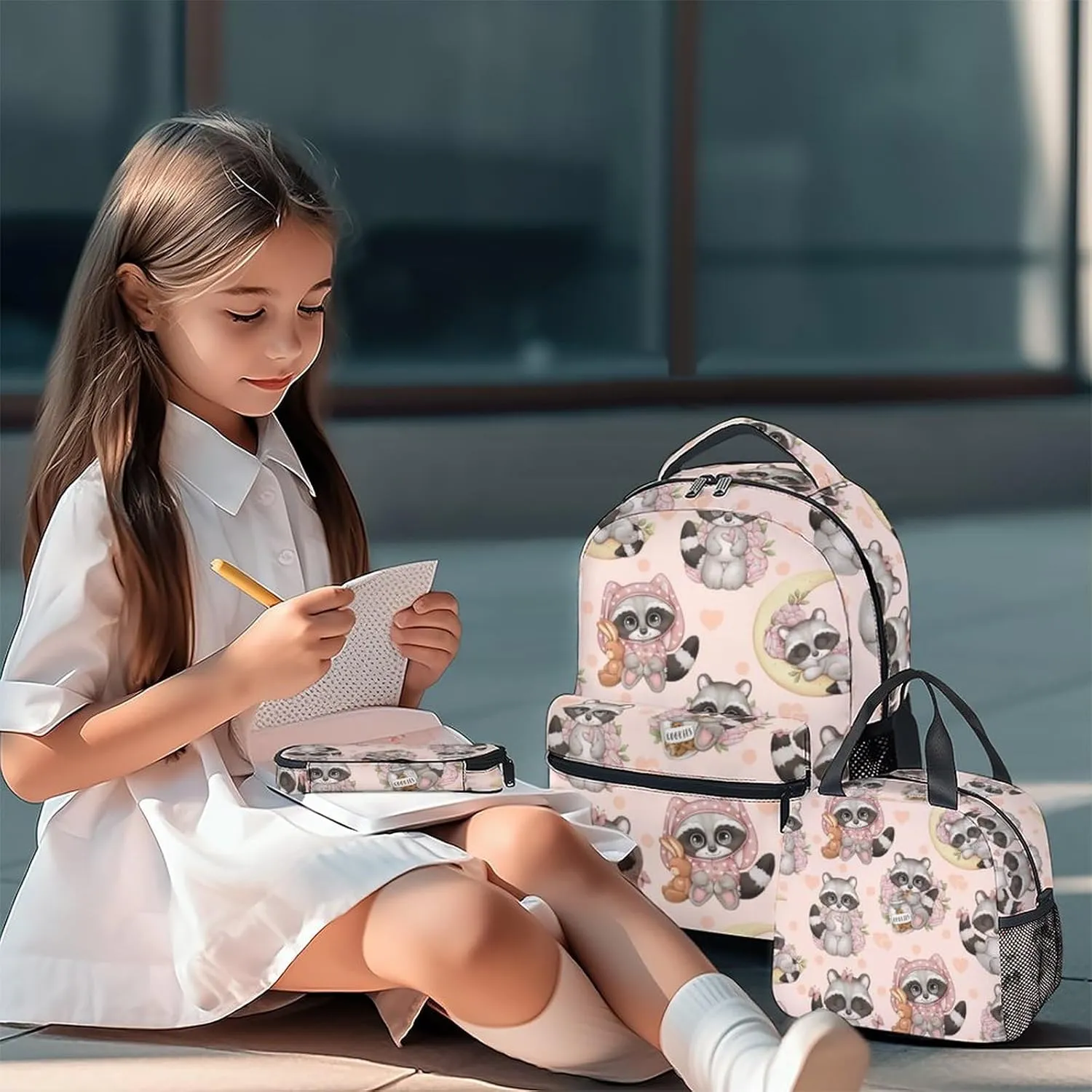 Raccoon Backpack with Lunch Box, Set of 3 School Backpacks Matching Combo, Cute Bookbag and Pencil Case Bundle
